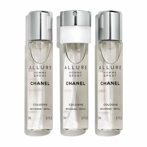  Three elegant bottles of Chanel Allure Homme Sport Cologne Eau de Cologne, each containing 20 ml, with the Chanel logo.