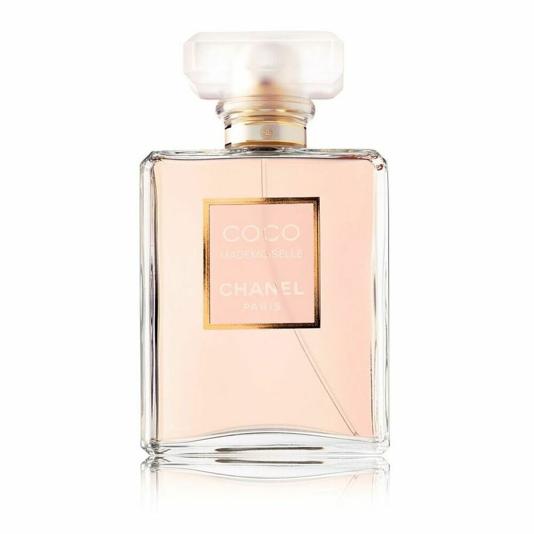 A luxurious glass bottle of Chanel Coco Mademoiselle Eau de Parfum, 100 ml, featuring the Chanel logo.