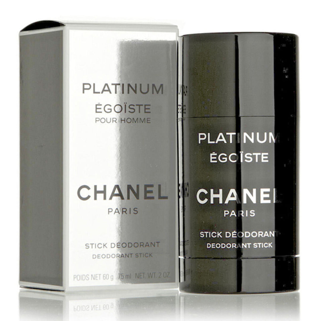 A cylindrical stick deodorant container labeled "Égoïste Platinum Chanel", 75 ml, with the Chanel logo.