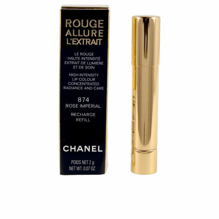  A refill cartridge of Chanel Rouge Allure L'extrait lipstick in Rose Imperial 874, designed for easy replacement, with the Chanel logo.