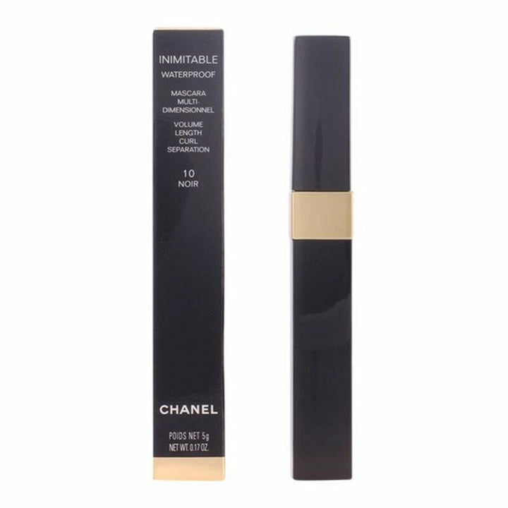  A sleek tube of Chanel Inimitable Waterproof mascara in black shade (Nº 10), 5 g, with the Chanel logo.