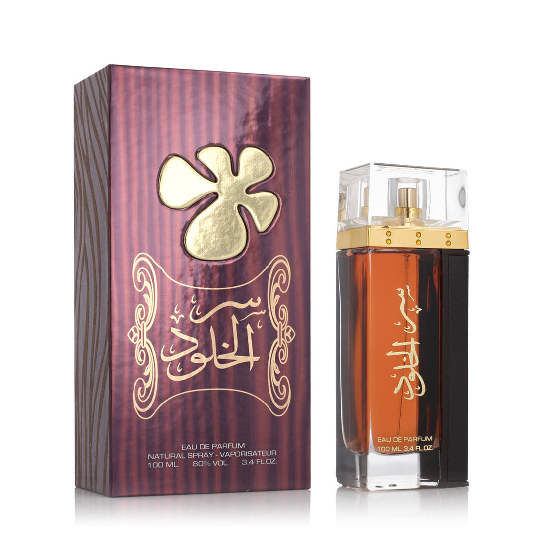 A bottle of Lattafa Ser Al Khulood Brown Eau de Parfum, 100 ml.